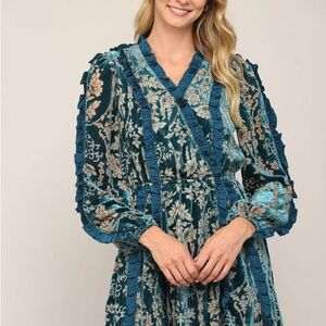 Fate Green and Blue Ruched Wrap Dress with Bishop Sleeves